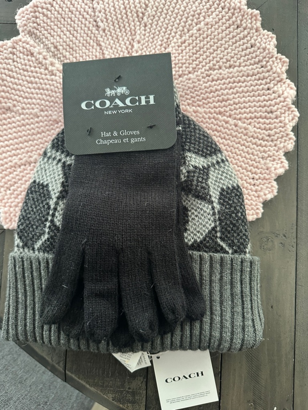 Coach Black Gloves with Gray Patterned Knit Hat